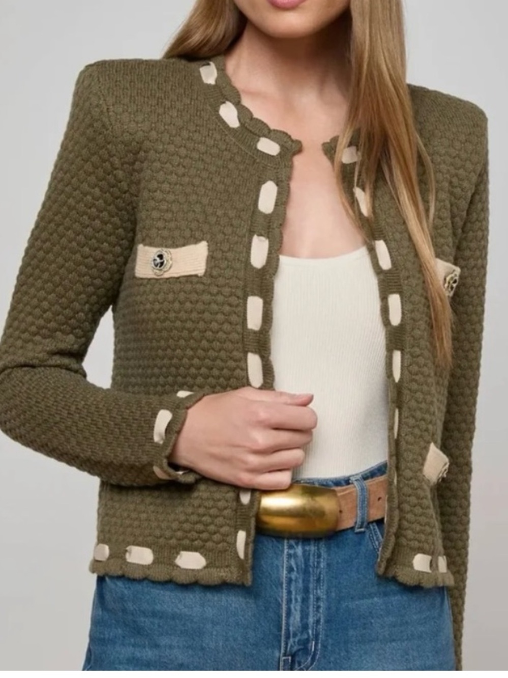 L'AGENCE Army Green Astor Contrast Trim Cardigan NWT